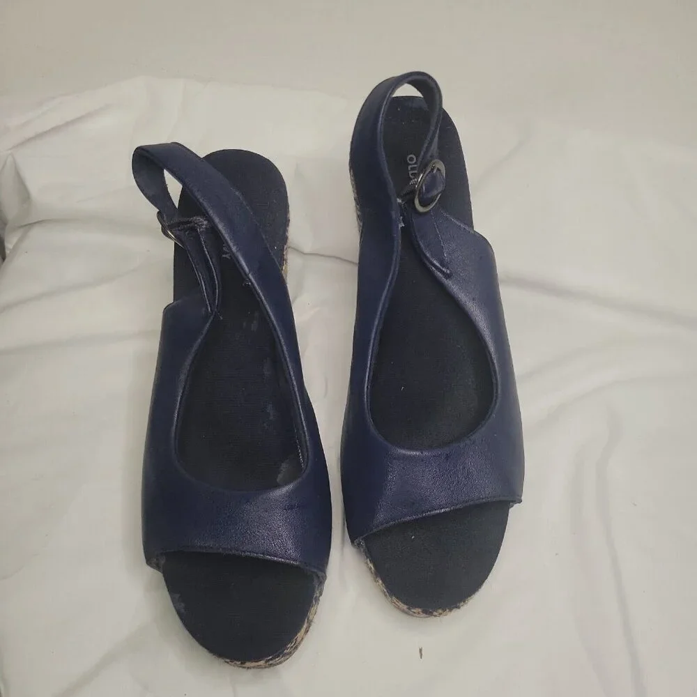Old Navy Women's 10 Blue Leather Woven Wedge Platform Open Toe Slingback Sandals